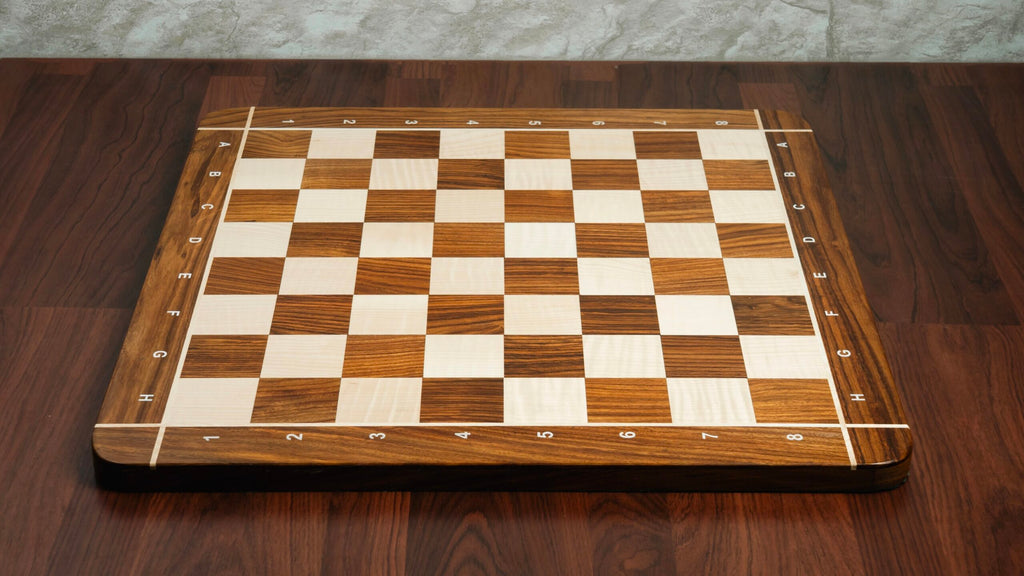 23” GOLDEN ROSEWOOD & MAPLE WOOD CHESS BOARD CROSS WITH NOTATION - 60mm SQUARE