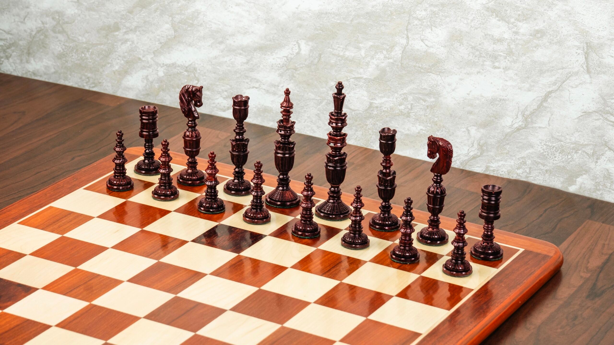 5.6” PREMIUM FLOWER PADAUK WOOD CHESS PIECES & 21” PADAUK WOOD CHESSBOARD