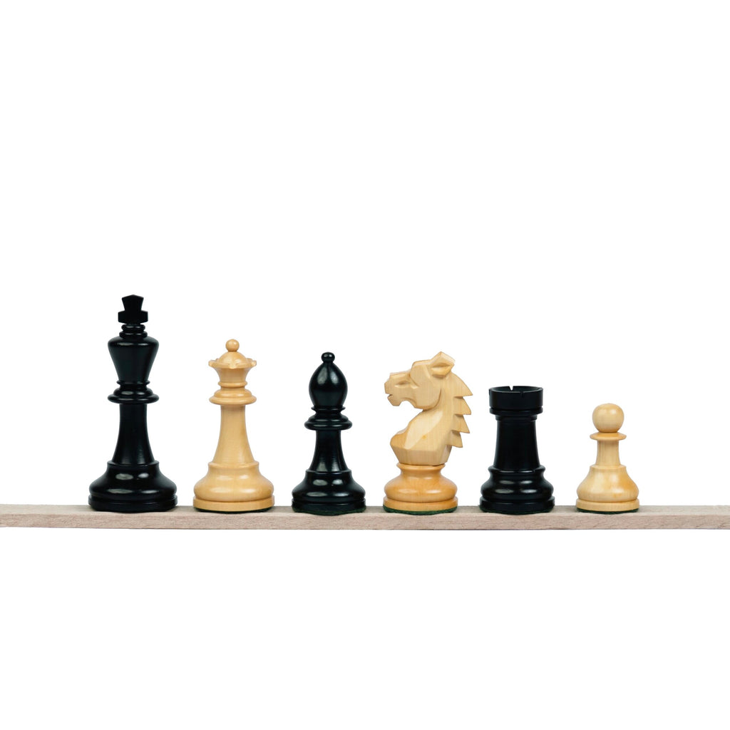 3.9” REPRODUCED BOHEMIAN EBONISED TRIPLE WEIGHTED CHESS PIECES, 21” EBONY CHESSBOARD & STORAGE BOX