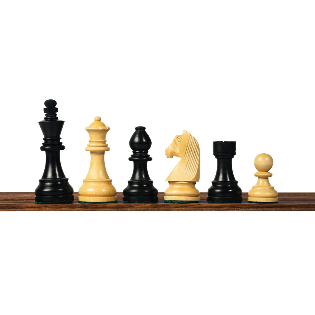 3.75” EBONISED GERMAN KNIGHT WEIGHTED CHESS PIECES WITH 17” EBONY STYLE CHESSBOARD