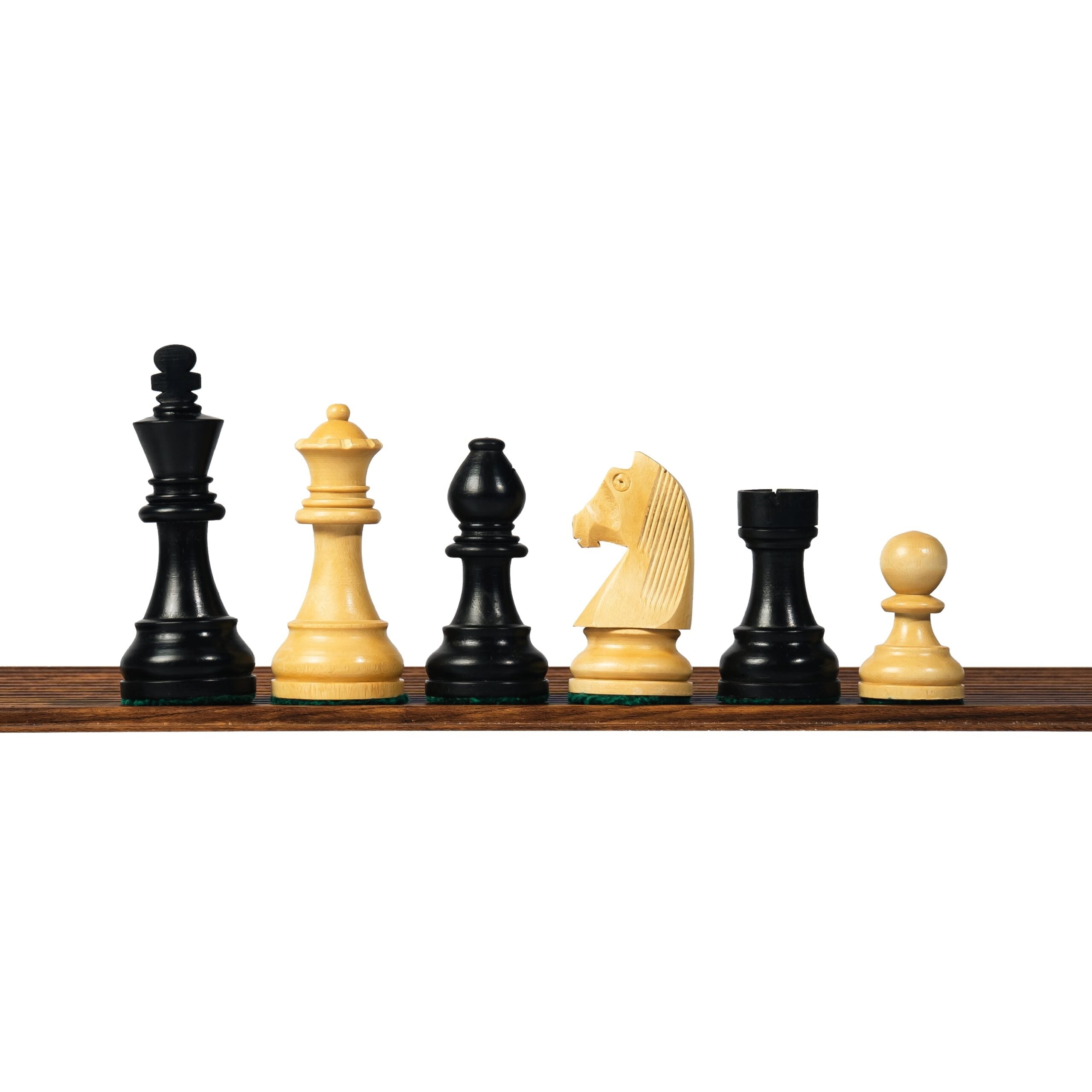 3.75” EBONISED GERMAN KNIGHT WEIGHTED CHESS PIECES WITH 17” EBONY STYLE CHESSBOARD