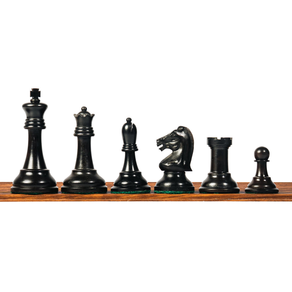 3.75” REPRODUCTION OF DRUEKE PLAYER CHOICE HEAVY WEIGHTED CHESS PIECES, 21” EBONY BOARD