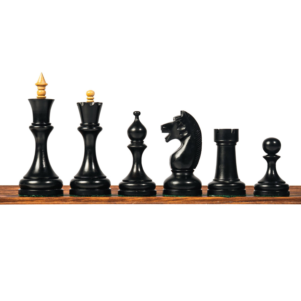 4.5” CIRCA 1960’s SOVIET RUSSIAN WEIGHTED EBONISED CHESS PIECES, 21” EBONY CHESSBOARD & BOX
