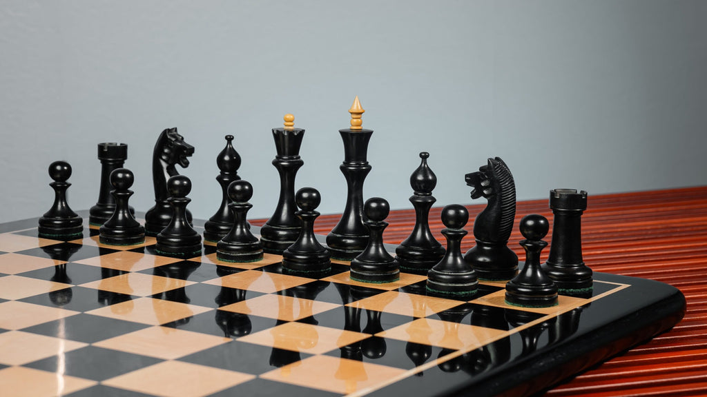 4.5” CIRCA 1960’s SOVIET RUSSIAN WEIGHTED EBONISED CHESS PIECES, 21” EBONY CHESSBOARD & BOX