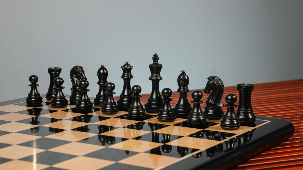 3.9” MOHAWK KNIGHT STAUNTON TRIPLE WEIGHTED EBONISED CHESS PIECES, 21” EBONY WOOD BOARD & BOX