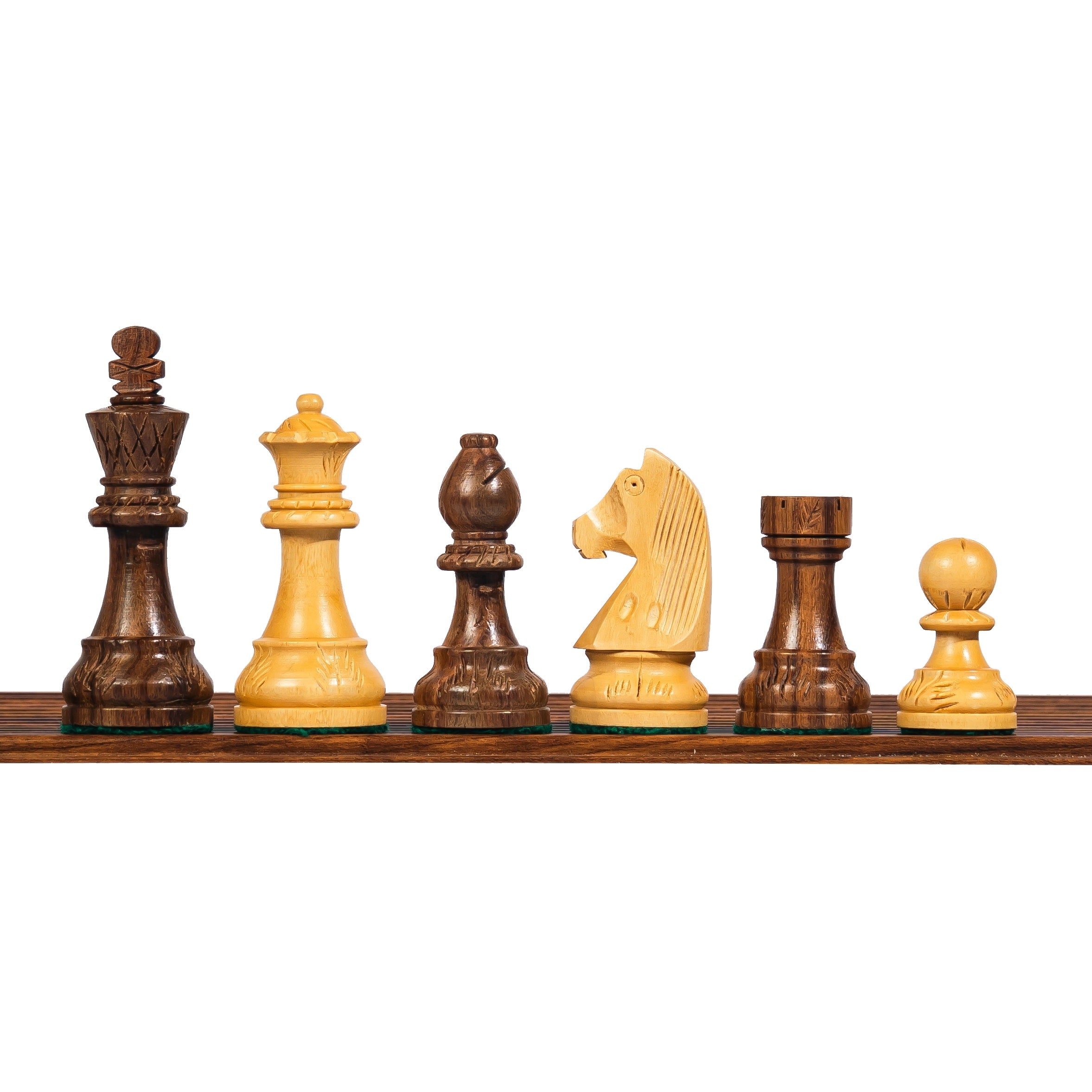 3.75” CARVED GERMAN KNIGHT STAUNTON WEIGHTED CHESS PIECES WITH 21” GOLDEN ROSEWOOD CHESSBOARD & BOX