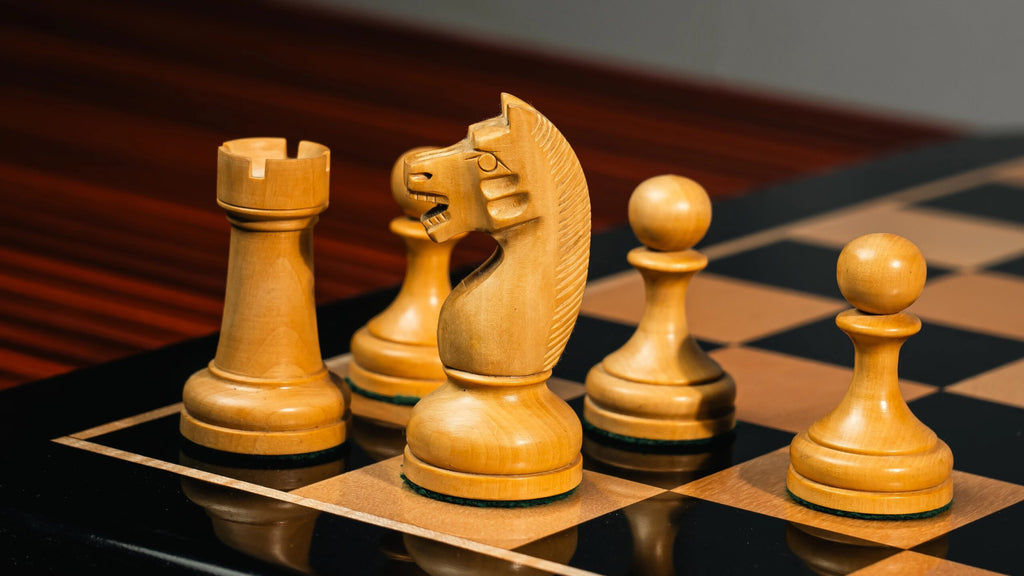 4.5” CIRCA 1960’s SOVIET RUSSIAN WEIGHTED EBONISED CHESS PIECES, 21” EBONY CHESSBOARD & BOX
