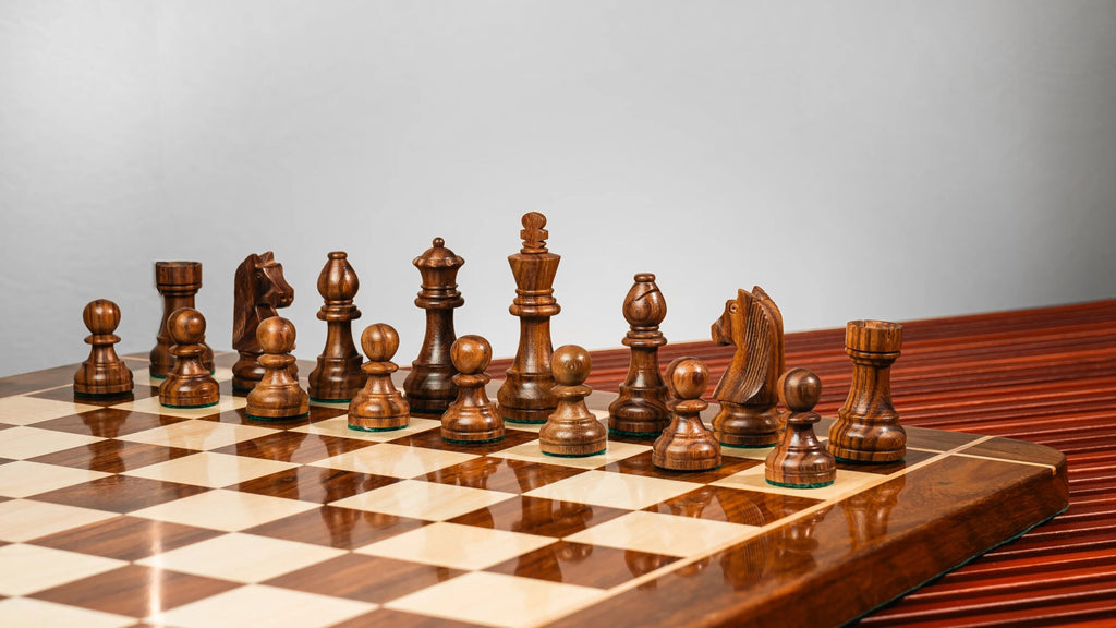 3.75” GERMAN KNIGHT STAUNTON WEIGHTED CHESS PIECES WITH 21”GOLDEN ROSEWOOD CHESSBOARD & BOX