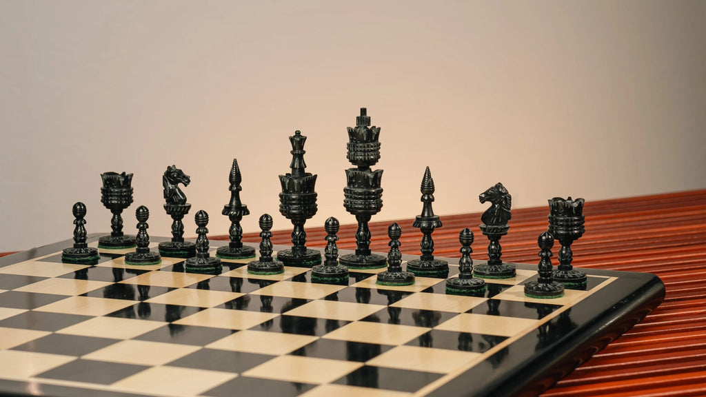 4.1” LOTUS CAMEL BONE CHESS WITH 17” EBONY STYLE CHESS COARD