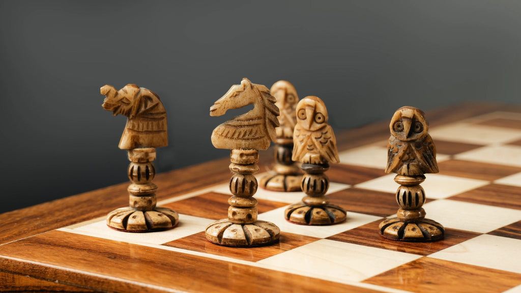 4” ANIMAL THEME CAMEL BONE CHESS PIECES WITH 16” GOLDEN ROSEWOOD CHESS BOARD