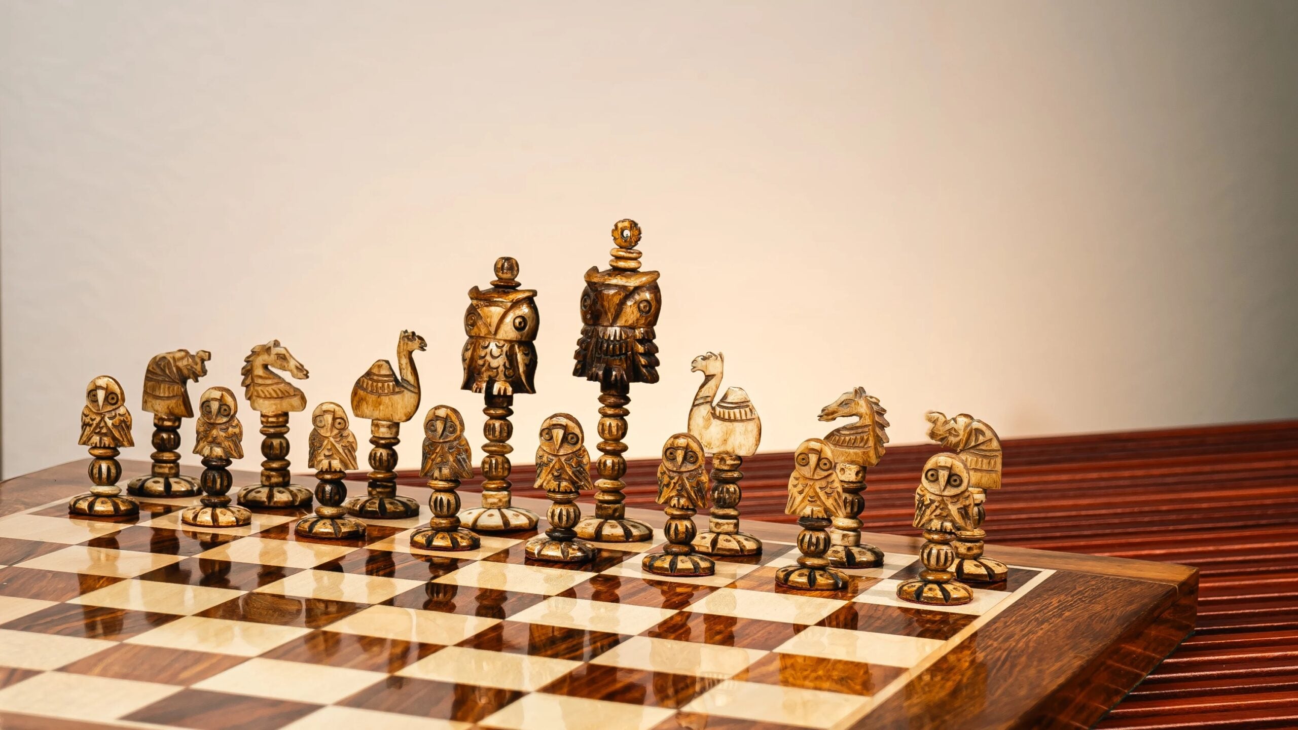 4” ANIMAL THEME CAMEL BONE CHESS PIECES WITH 16” GOLDEN ROSEWOOD CHESS BOARD