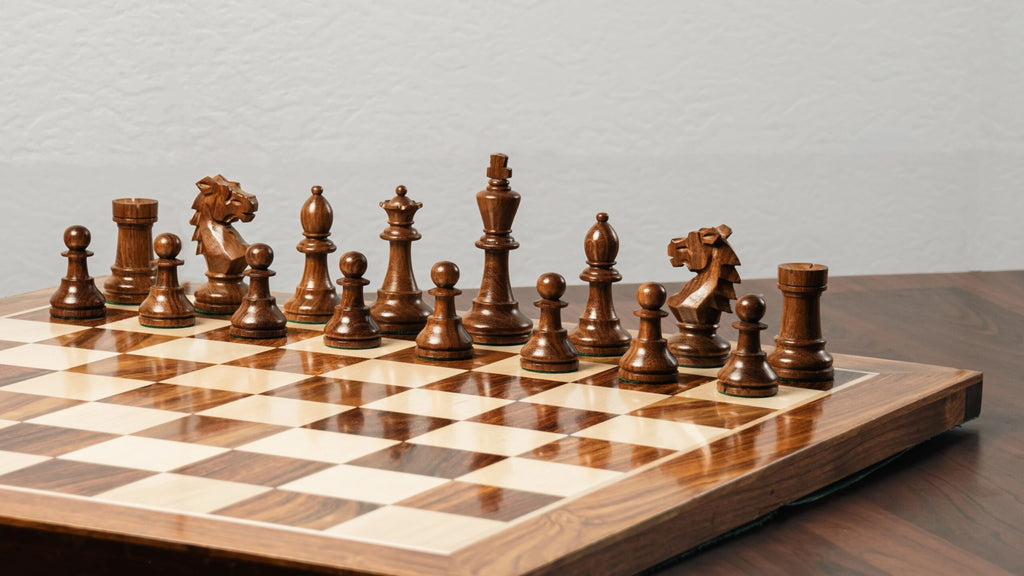 3.9” REPRODUCED BOHEMIAN GOLDEN ROSEWOOD TRIPLE WEIGHTED CHESS PIECES, 21” GOLDEN ROSEWOOD CHESSBOARD & BOX