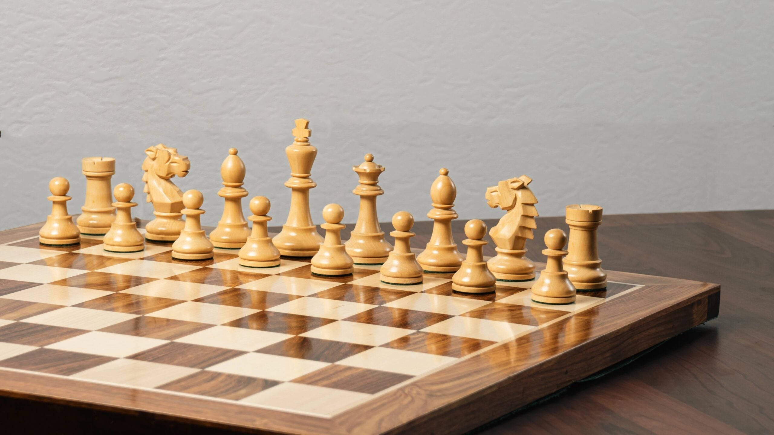 3.9” REPRODUCED BOHEMIAN GOLDEN ROSEWOOD TRIPLE WEIGHTED CHESS PIECES, 21” GOLDEN ROSEWOOD CHESSBOARD & BOX