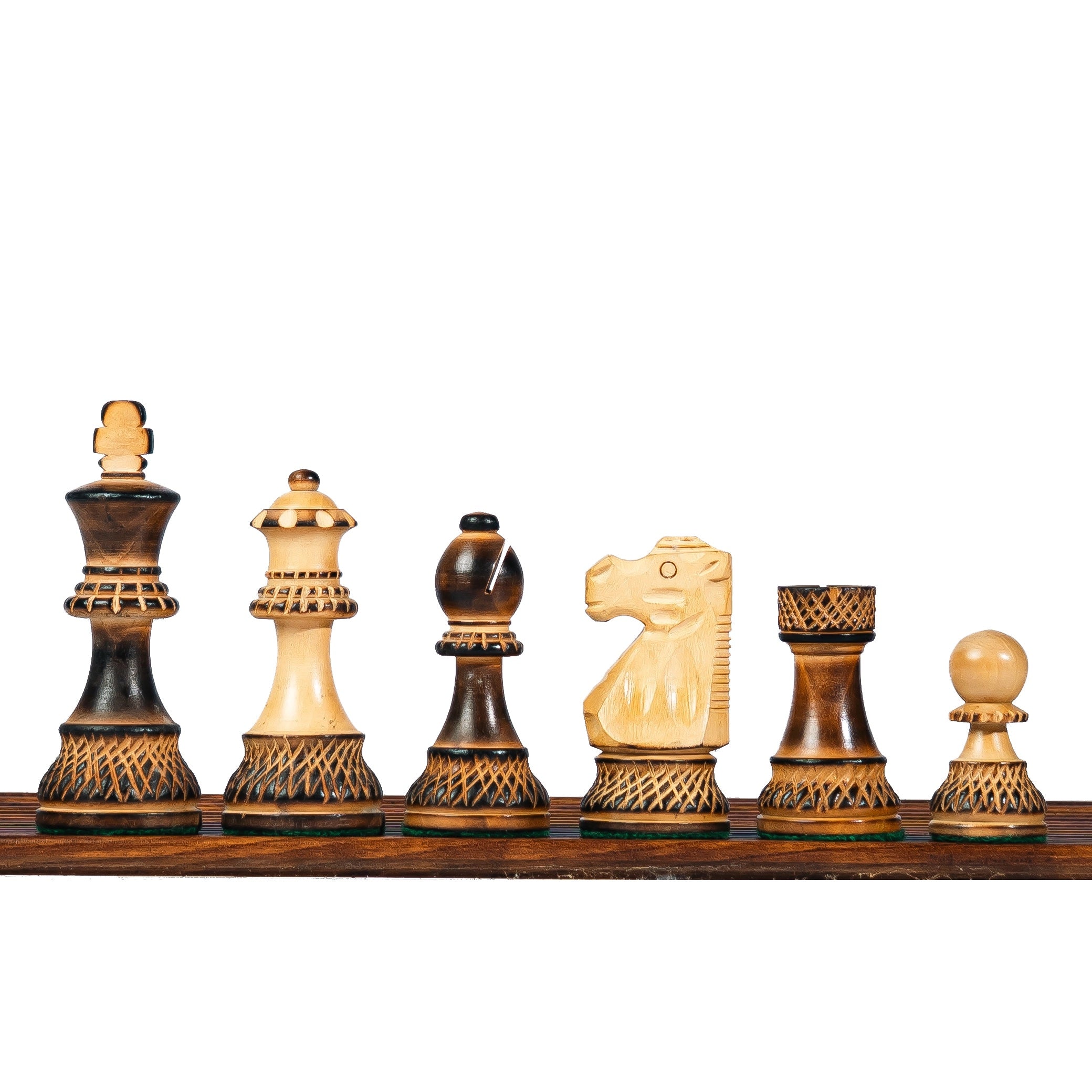 3.75” BURNT STAUNTON WEIGHTED CHESS PIECES WITH 21”GOLDEN ROSEWOOD CHESS BOARD & BOX