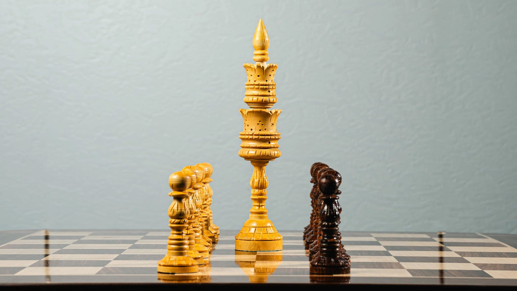 8” LOTUS CARVING WEIGHTED CHESS PIECES WITH 23” GOLDEN ROSEWOOD CHESS BOARD