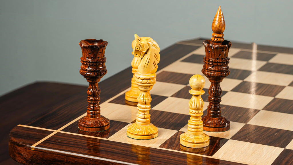 8” LOTUS CARVING WEIGHTED CHESS PIECES WITH 23” GOLDEN ROSEWOOD CHESS BOARD