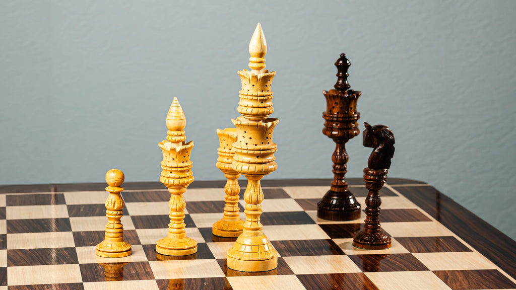 8” LOTUS CARVING WEIGHTED CHESS PIECES WITH 23” GOLDEN ROSEWOOD CHESS BOARD
