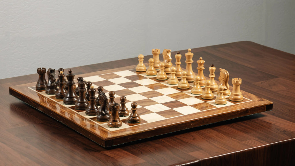 3.75” 1970’s DUBROVNIK TRIPLE WEIGHTED CHESS PIECES, 21” GOLDEN ROSEWOOD CHESSBOARD & BOX