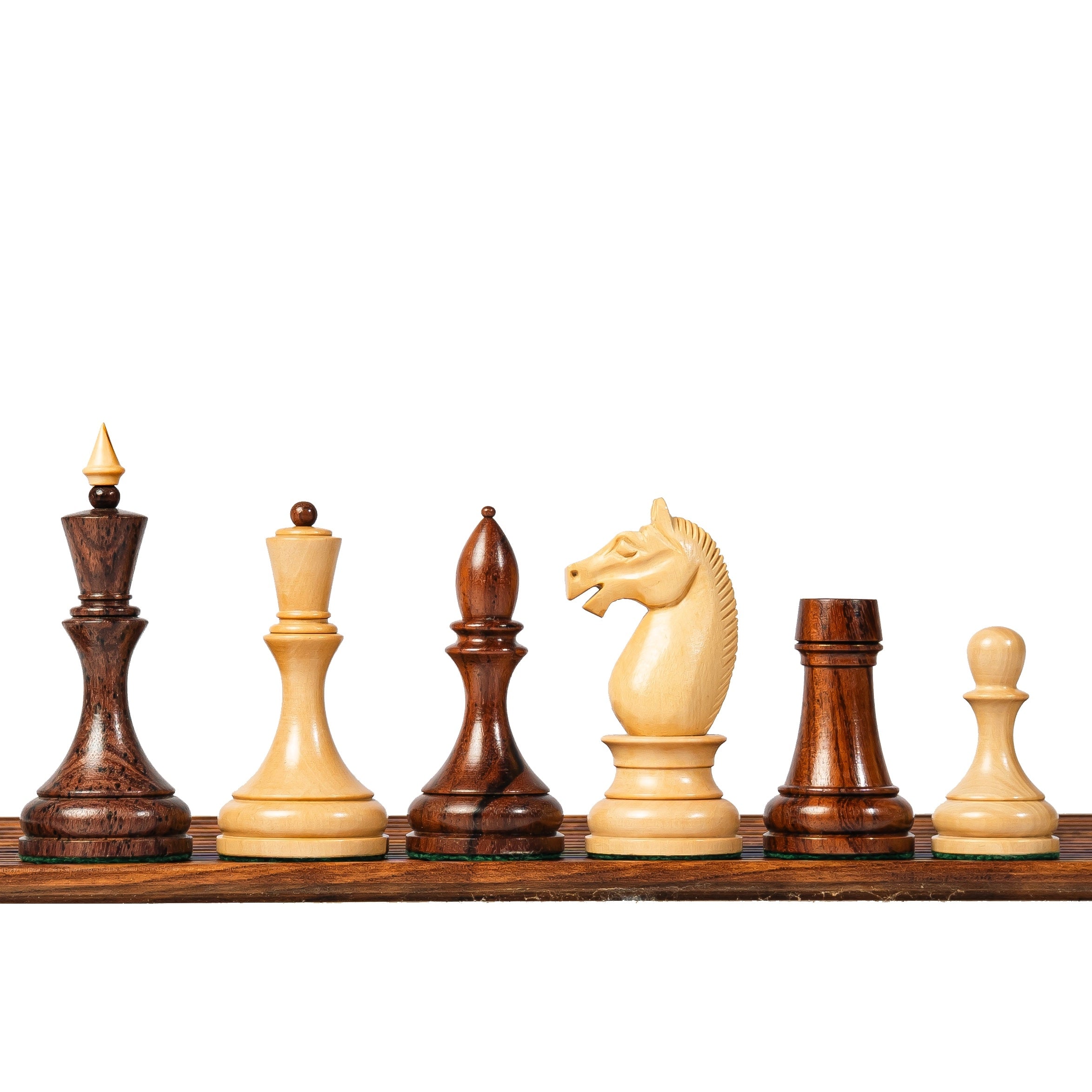 3.8” MINSK 1960’s SOVIET RUSSIAN DOUBLE WEIGHTED CHESS PIECES, 21” GOLDEN ROSEWOOD CHESS BOARD & BOX