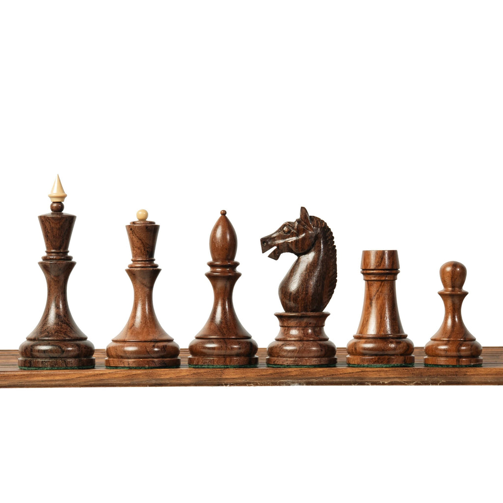 3.8” MINSK 1960’s SOVIET RUSSIAN DOUBLE WEIGHTED CHESS PIECES, 21” GOLDEN ROSEWOOD CHESS BOARD & BOX