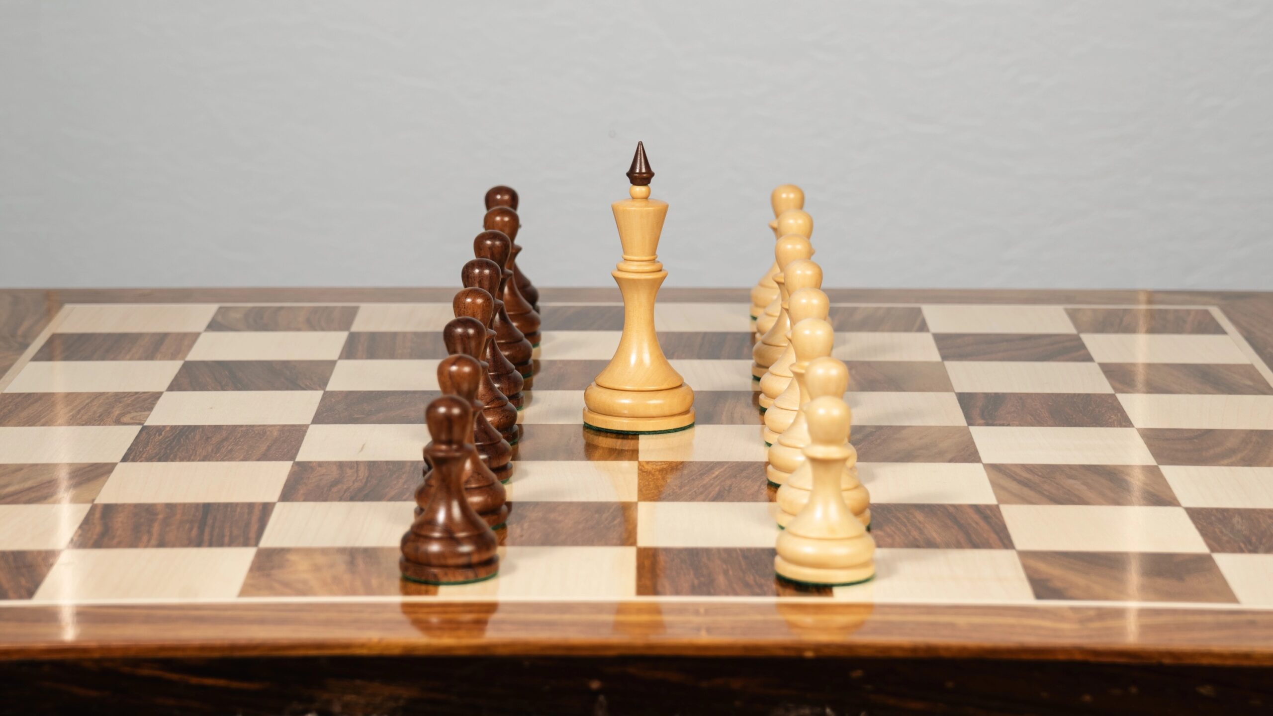 3.8” MINSK 1960’s SOVIET RUSSIAN DOUBLE WEIGHTED CHESS PIECES, 21” GOLDEN ROSEWOOD CHESS BOARD & BOX