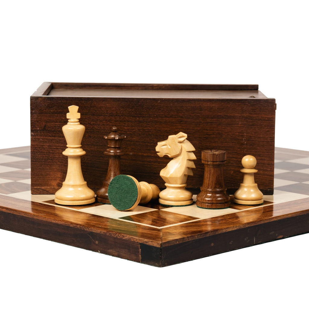 3.9” REPRODUCED BOHEMIAN GOLDEN ROSEWOOD TRIPLE WEIGHTED CHESS PIECES, 21” GOLDEN ROSEWOOD CHESSBOARD & BOX