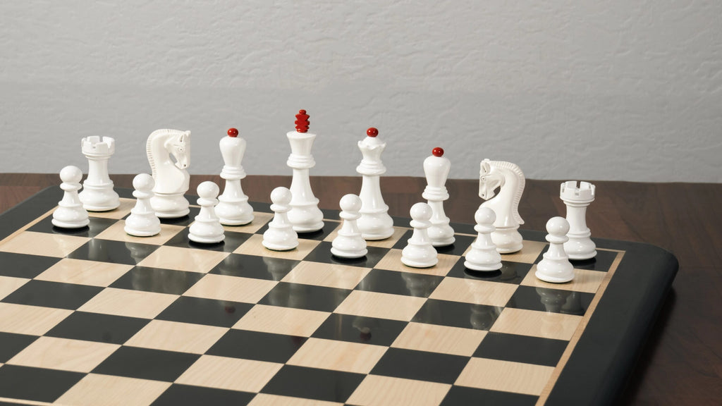 3.9” RUSSIAN ZAGREB 1959’ PAINTED WEIGHTED CHESS PIECES, 21” EBONY CHESSBOARD & BOX