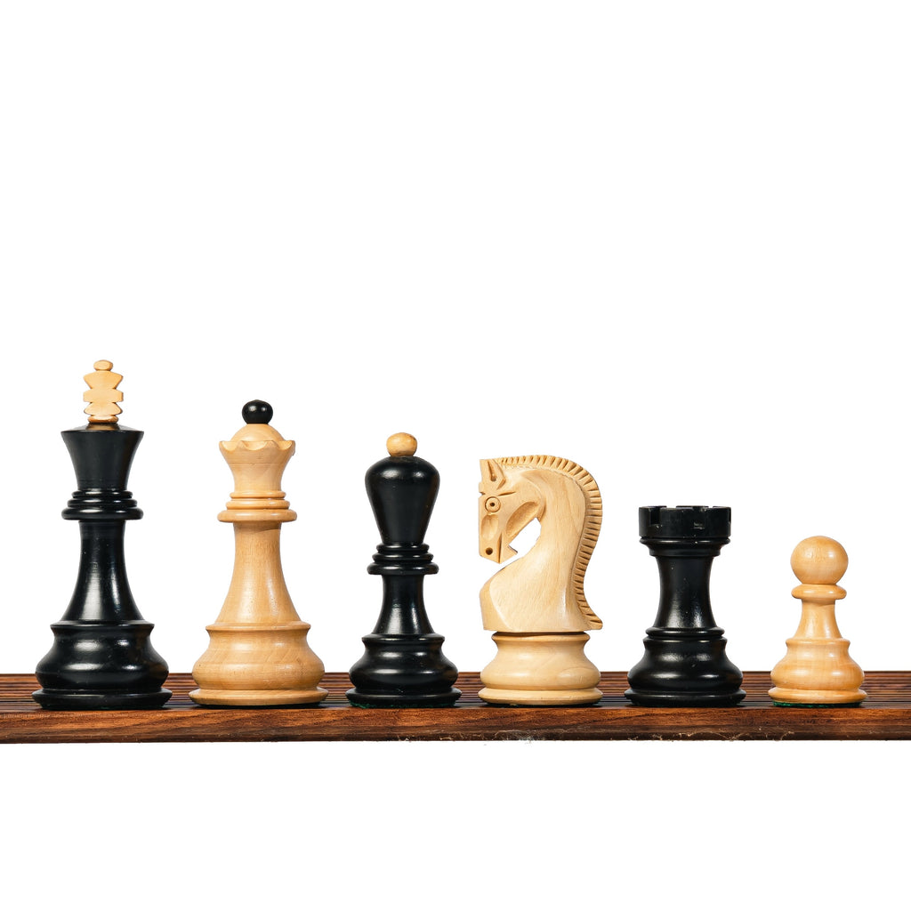 3.9” RUSSIAN ZAGREB 1959’ EBONISED WEIGHTED CHESS PIECES, 21” EBONYWOOD CHESSBOARD & STORAGE BOX