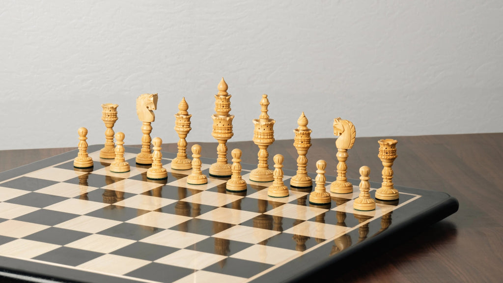 4.75” LOTUS SERIES EBONISED WOOD WEIGHTS CHESS PIECES & 17” EBONY STYLE WOOD CHESSBOARD