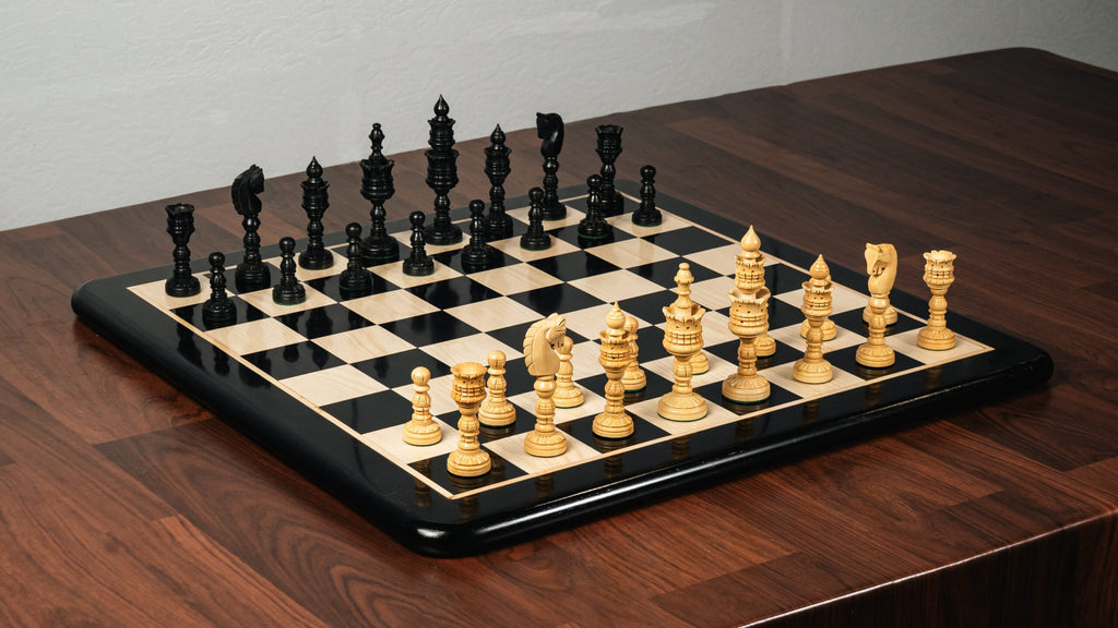 4.75” LOTUS SERIES EBONISED WOOD WEIGHTS CHESS PIECES & 17” EBONY STYLE WOOD CHESSBOARD