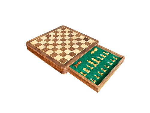 Premium wooden chess board with magnetic chess pieces – portable Indian travel chess set with drawer storage
