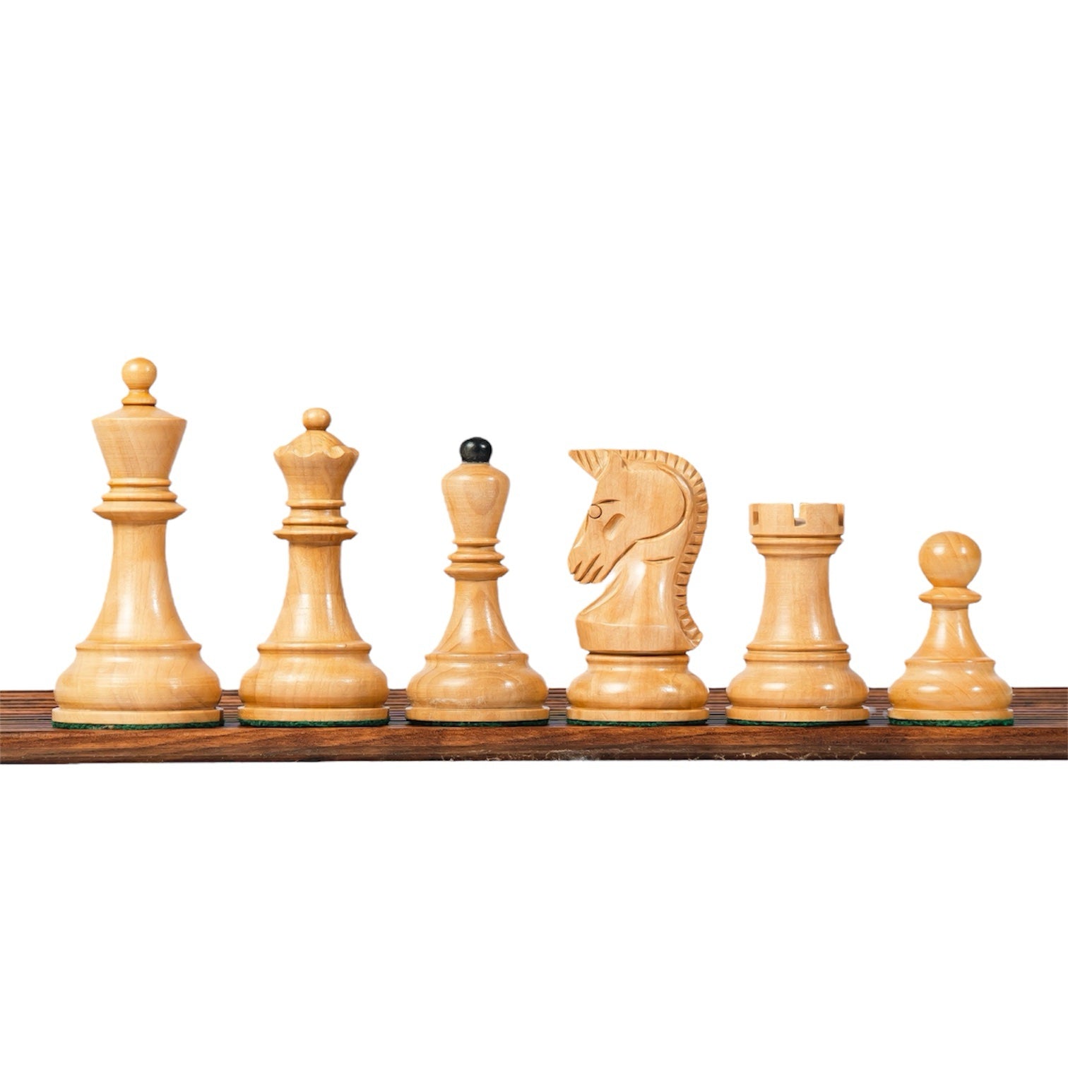 3.75” 1970s’ DUBROVINIK FISCHER TRIPLE WEIGHTED EBONISED CHESS PIECES, 21” EBONY BOARD & BOX