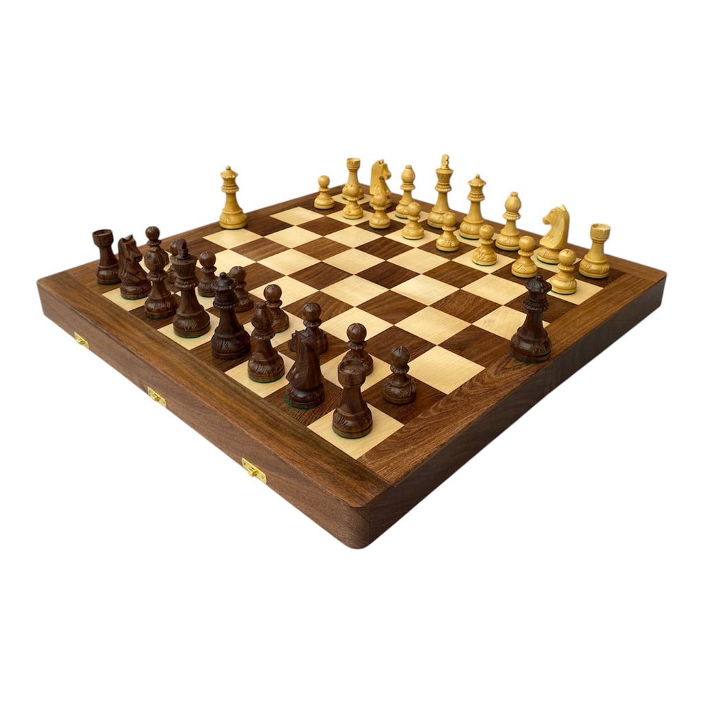 3.75” CARVED GERMAN KNIGHT STAUNTON CHESS PIECES WITH 20” FOLDING CHESSBOARD - 55mm Square