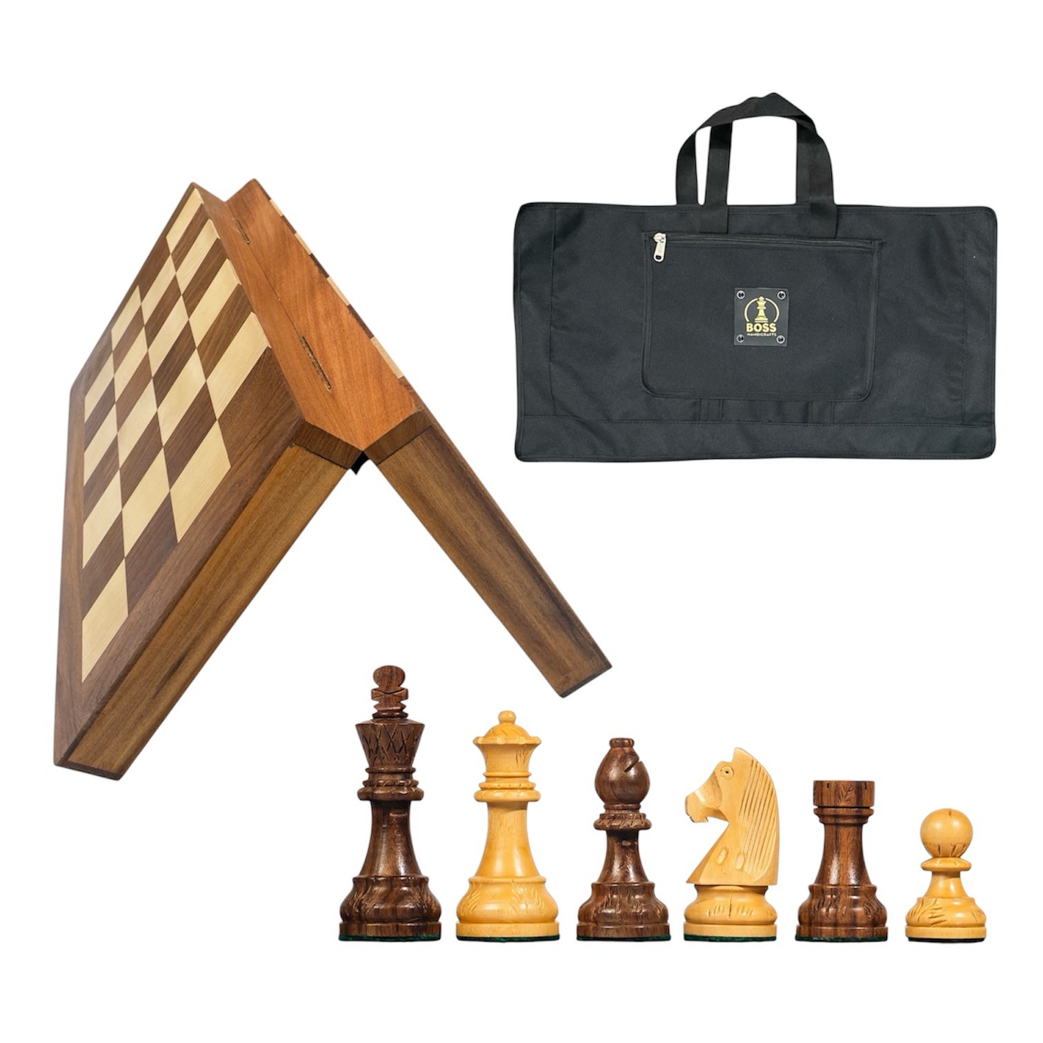 3.75 inch carved German knight chess pieces with folding wooden chessboard and bag – premium Indian chess set.