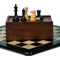 3.75” THE FISCHER SPASSKY 1972 SERIES EBONISED DOUBLE WEIGHTED CHESS PIECES, 21” EBONY BOARD & BOX