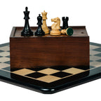 3.75” THE FISCHER SPASSKY 1972 SERIES EBONISED DOUBLE WEIGHTED CHESS PIECES, 21” EBONY BOARD & BOX