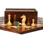 3.8” MINSK 1960’s SOVIET RUSSIAN DOUBLE WEIGHTED CHESS PIECES, 21” GOLDEN ROSEWOOD CHESS BOARD & BOX