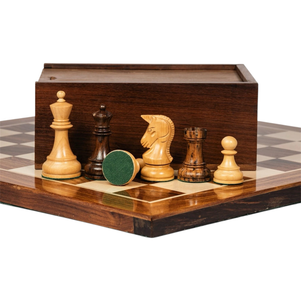 3.75” 1970’s DUBROVNIK TRIPLE WEIGHTED CHESS PIECES, 21” GOLDEN ROSEWOOD CHESSBOARD & BOX