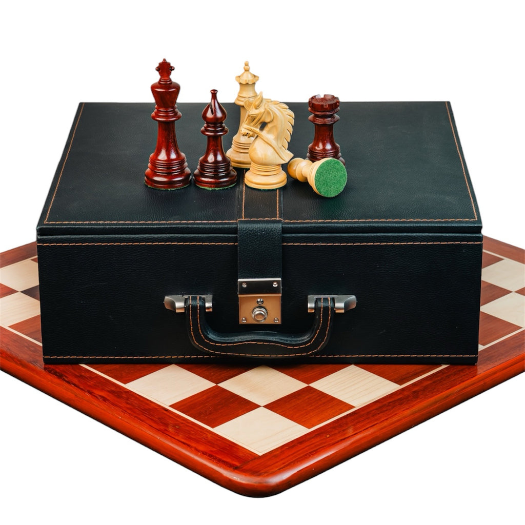 4.5” NAPOLEON LUXURY PADAUK WOOD STAUNTON TRIPLE WEIGHTED CHESS PIECES, 21” PADAUK WOOD CHESSBOARD & BOX