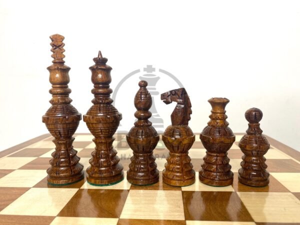 5” CARVED GLOBE CHESS WITH 16” GOLDEN ROSEWOOD CHESS BOARD - Image 2