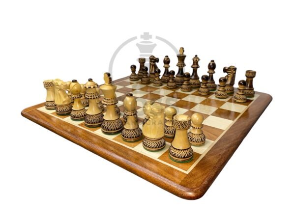 3.75” BURNT STAUNTON WEIGHTED CHESS WITH 16” GOLDEN ROSEWOOD CHESS BOARD - Image 2