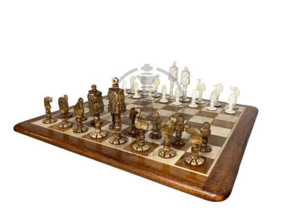 4” CAMEL BONE OWL CHESS WITH 16” GOLDEN ROSEWOOD CHESS BOARD