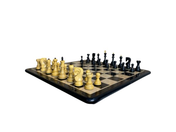 3.9” RUSSIAN ZAGREB 1959’ EBONISED WEIGHTED CHESS PIECES WITH 21” EBONYWOOD CHESSBOARD