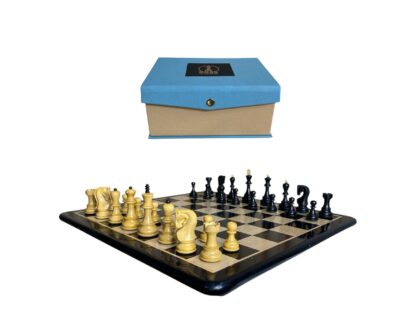 3.9” RUSSIAN ZAGREB 1959’ EBONISED WEIGHTED CHESS PIECES, 21” EBONYWOOD CHESSBOARD WITH STORAGE BOX