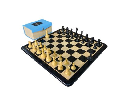 3.75” REPRODUCTION OF DRUEKE PLAYER CHOICE HEAVY WEIGHTED CHESS PIECES, 21” EBONY BOARD AND CHESS BOX