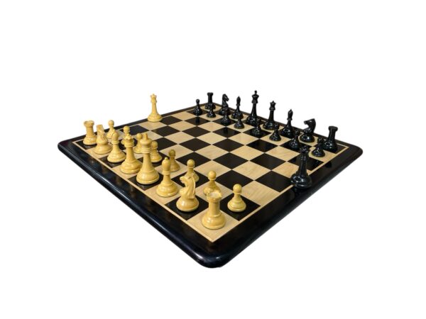 3.75” REPRODUCTION OF DRUEKE PLAYER CHOICE HEAVY WEIGHTED CHESS PIECES, 21” EBONY BOARD