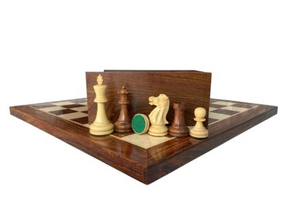 3.9” LAUGHING KNIGHT STAUNTON WEIGHTED CHESS PIECES, 21” WOODEN CHESSBOARD & STORAGE BOX