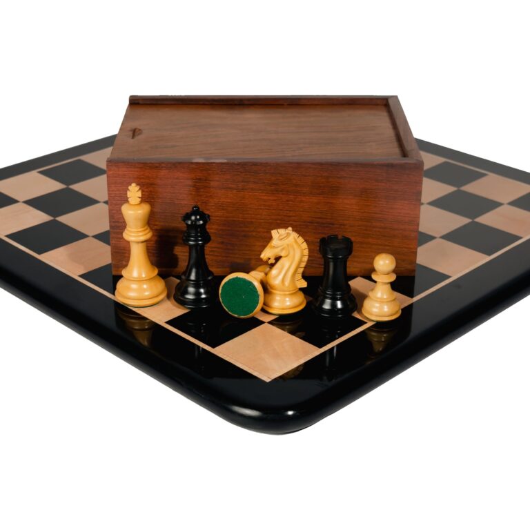 Premium wooden chess board with mohawk knight Staunton chess pieces – luxury Indian chess set with ebony chessboard box
