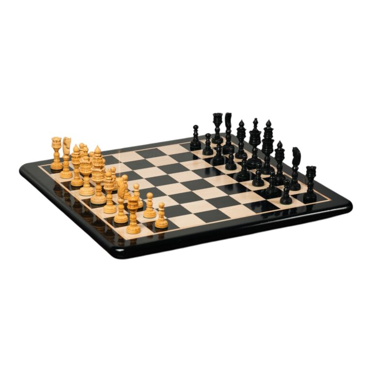 Premium wooden chess board with lotus series ebonised chess pieces – luxury Indian chess set with ebony chessboard