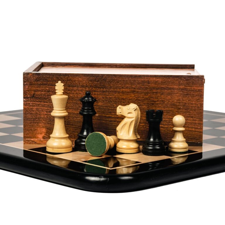 Premium wooden chess board with ebonised Staunton chess pieces – luxury Indian chess set with storage box